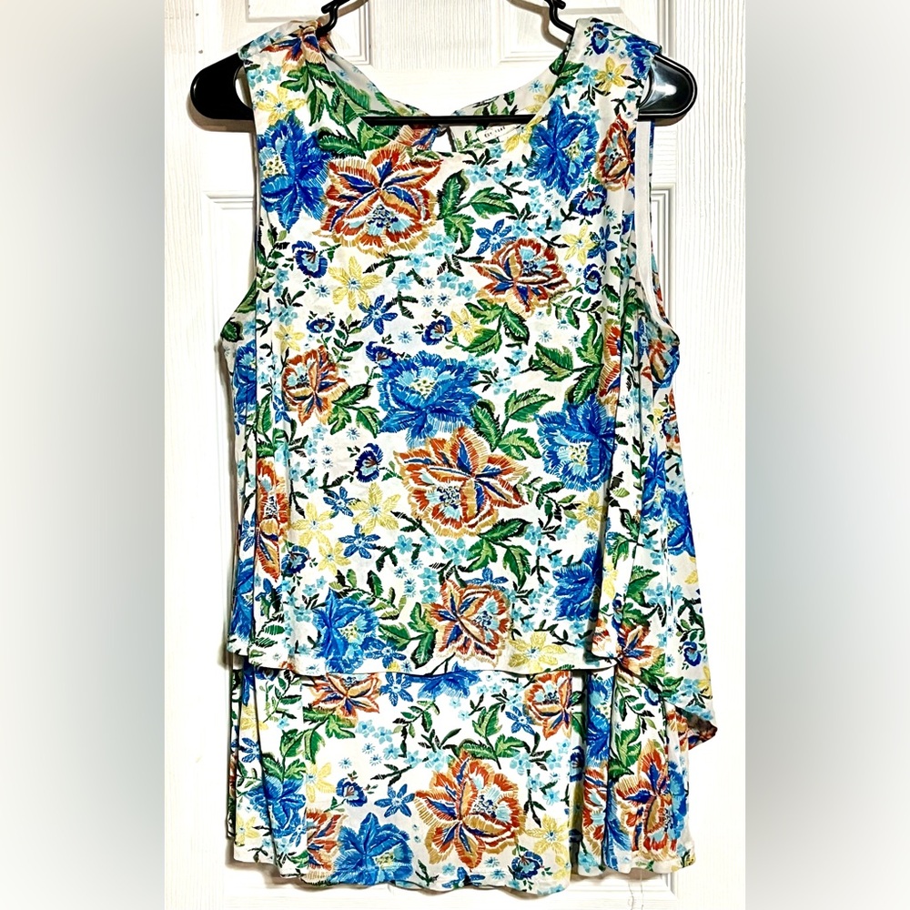 Floral Sleeveless Blouse with Blue and Orange Accents